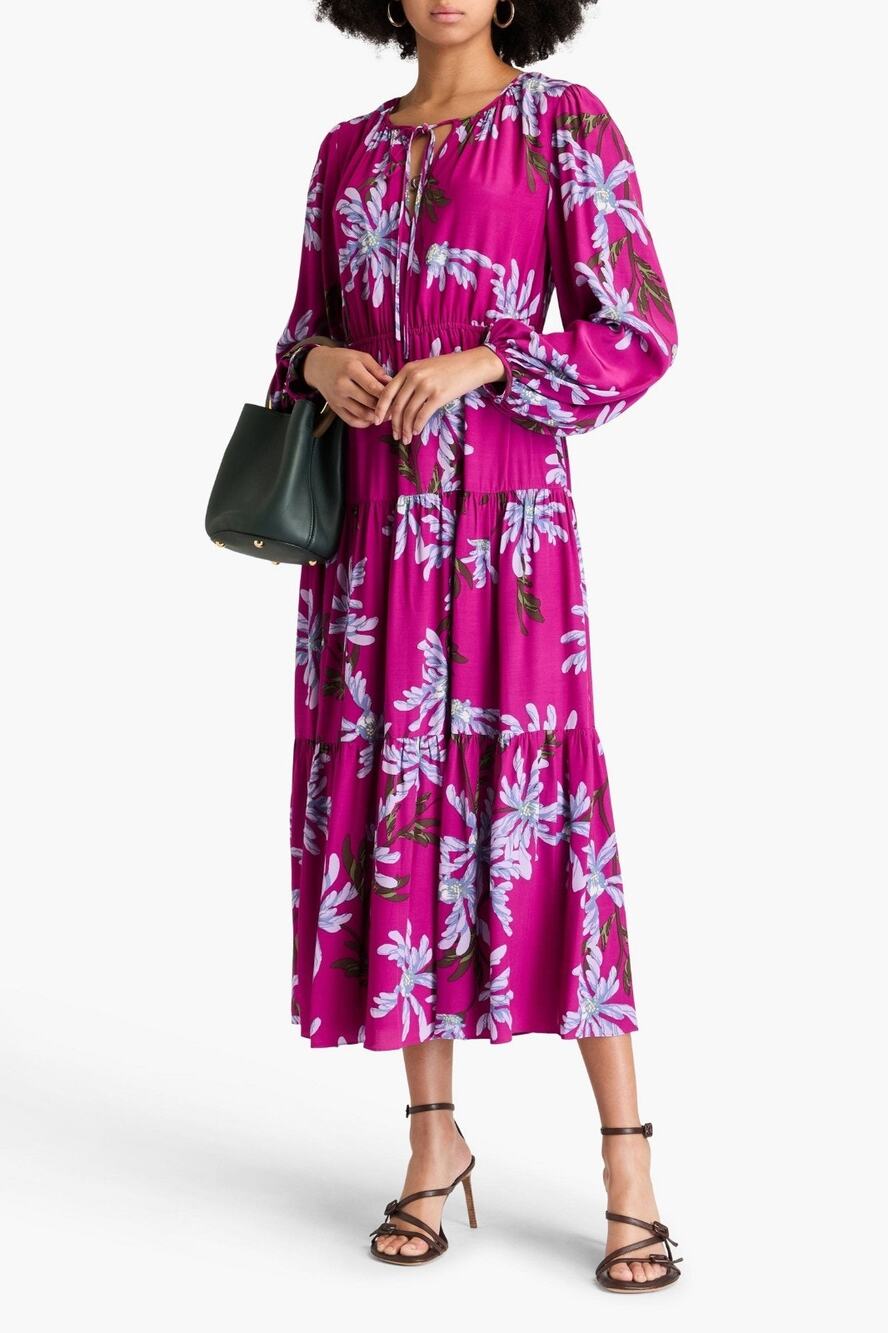 Diane Von Furstenberg Dominique Tiered Purple Floral Crepe Maxi Dress NWT Large